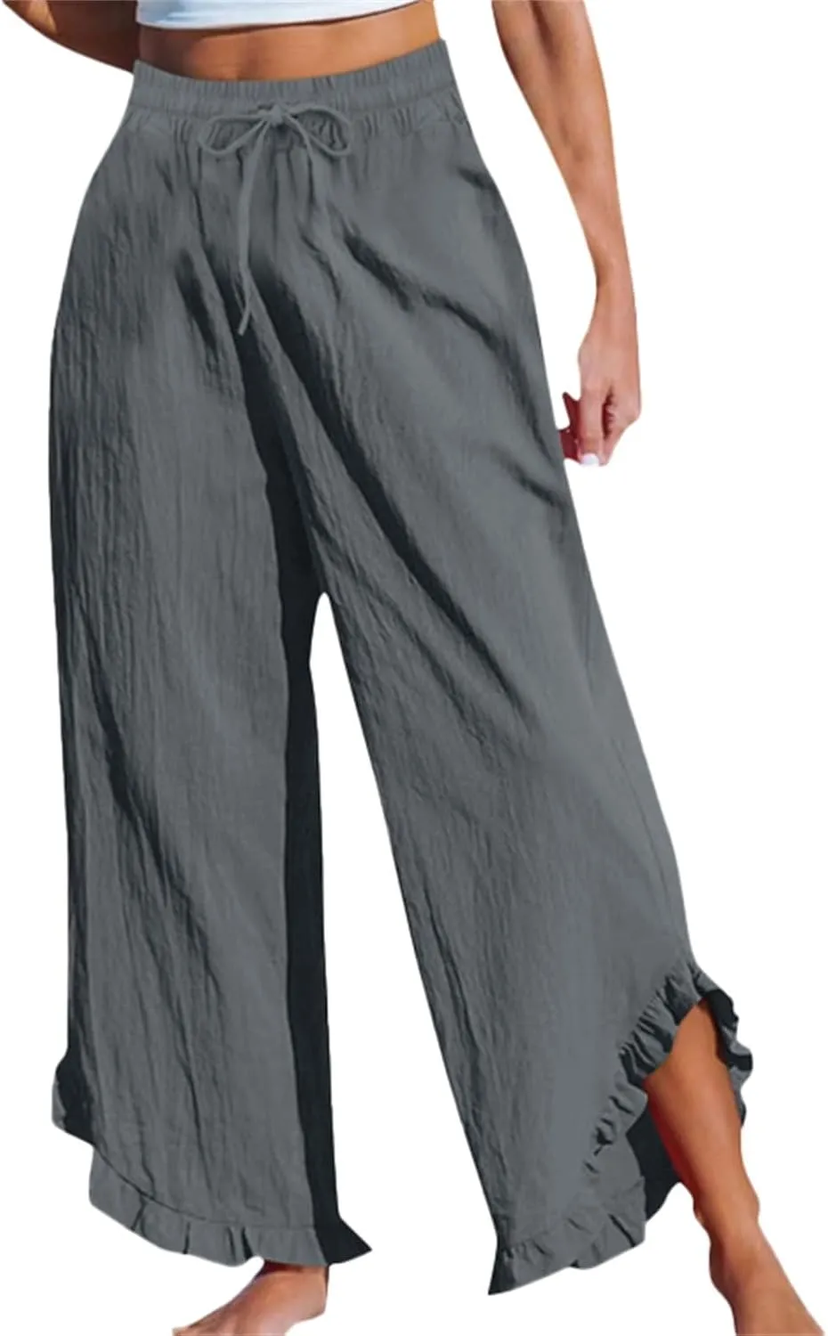 Womens Summer Linen Pant Waisted Elastic Drawstring Pants Pure Color Casual Beach Trousers with Pockets