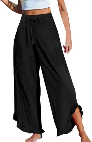Womens Summer Linen Pant Waisted Elastic Drawstring Pants Pure Color Casual Beach Trousers with Pockets