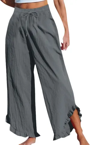 Womens Summer Linen Pant Waisted Elastic Drawstring Pants Pure Color Casual Beach Trousers with Pockets
