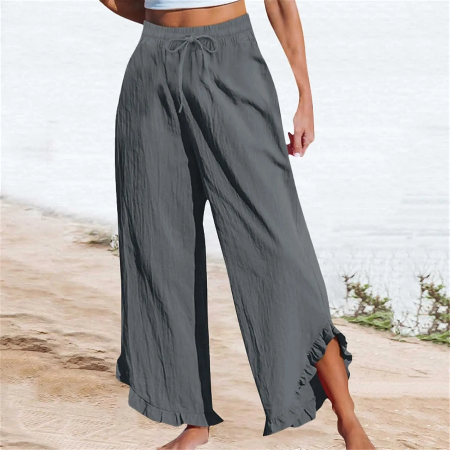 Womens Summer Linen Pant Waisted Elastic Drawstring Pants Pure Color Casual Beach Trousers with Pockets