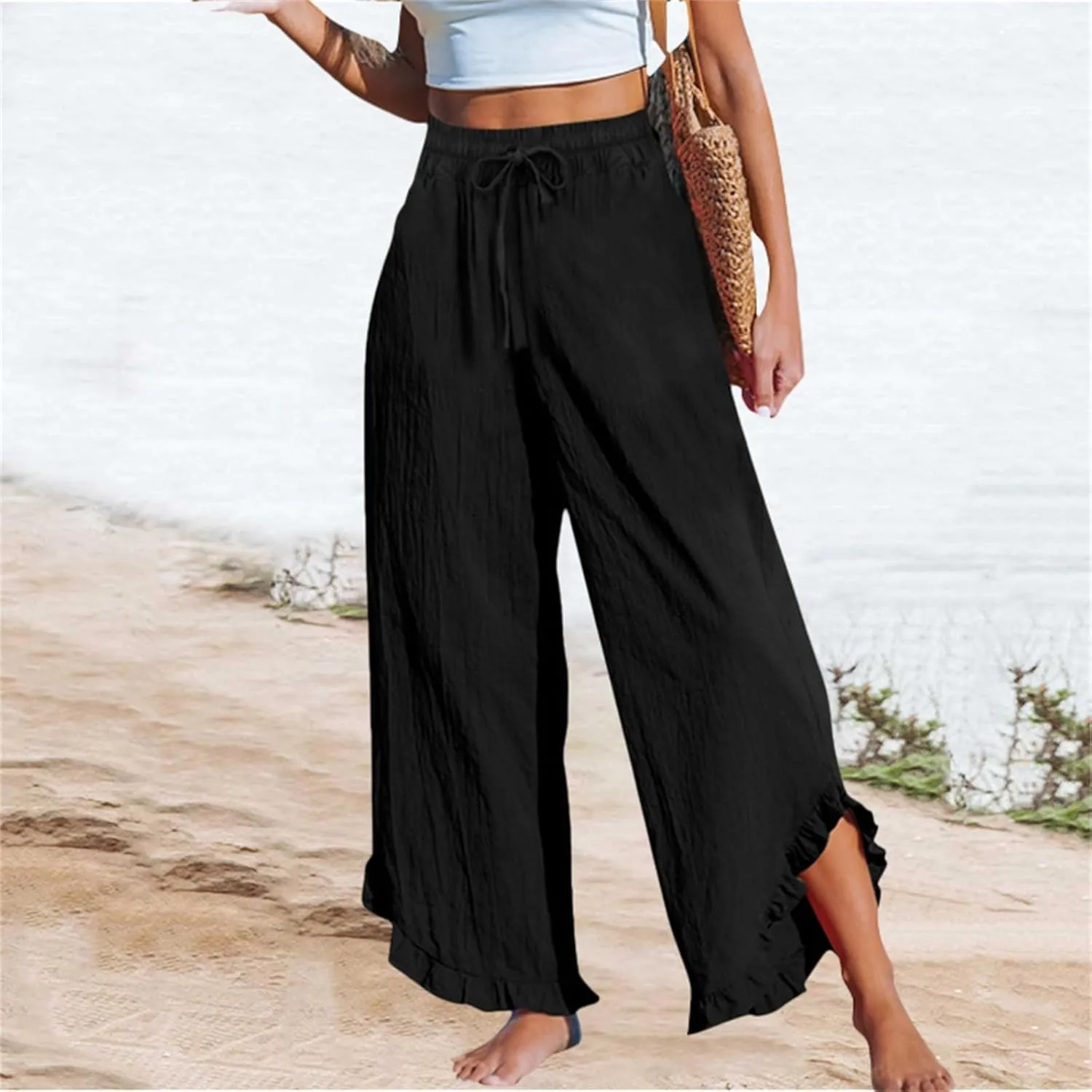 Womens Summer Linen Pant Waisted Elastic Drawstring Pants Pure Color Casual Beach Trousers with Pockets