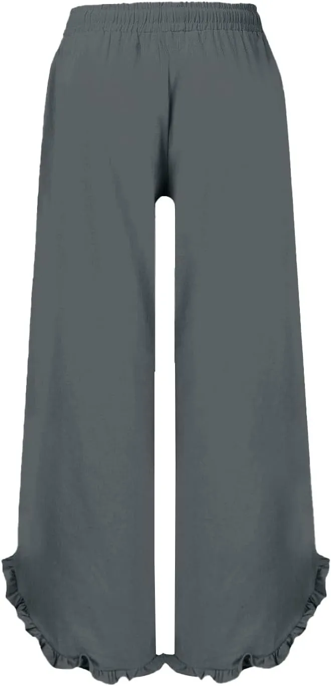 Womens Summer Linen Pant Waisted Elastic Drawstring Pants Pure Color Casual Beach Trousers with Pockets