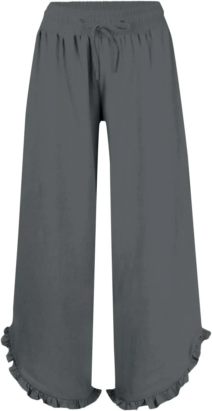 Womens Summer Linen Pant Waisted Elastic Drawstring Pants Pure Color Casual Beach Trousers with Pockets