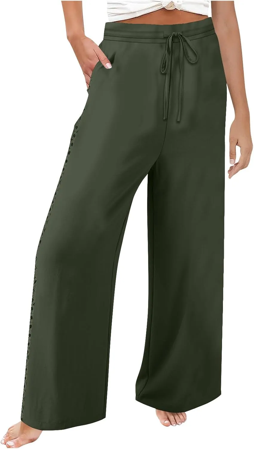 Womens Summer Linen Pants Beach Vacation Clothing Wide Leg High Waisted Drawstring Lace Cutout Linen Pants Trousers