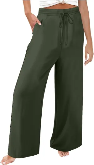 Womens Summer Linen Pants Beach Vacation Clothing Wide Leg High Waisted Drawstring Lace Cutout Linen Pants Trousers