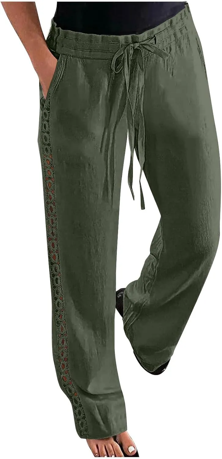 Womens Summer Linen Pants Beach Vacation Clothing Wide Leg High Waisted Drawstring Lace Cutout Linen Pants Trousers