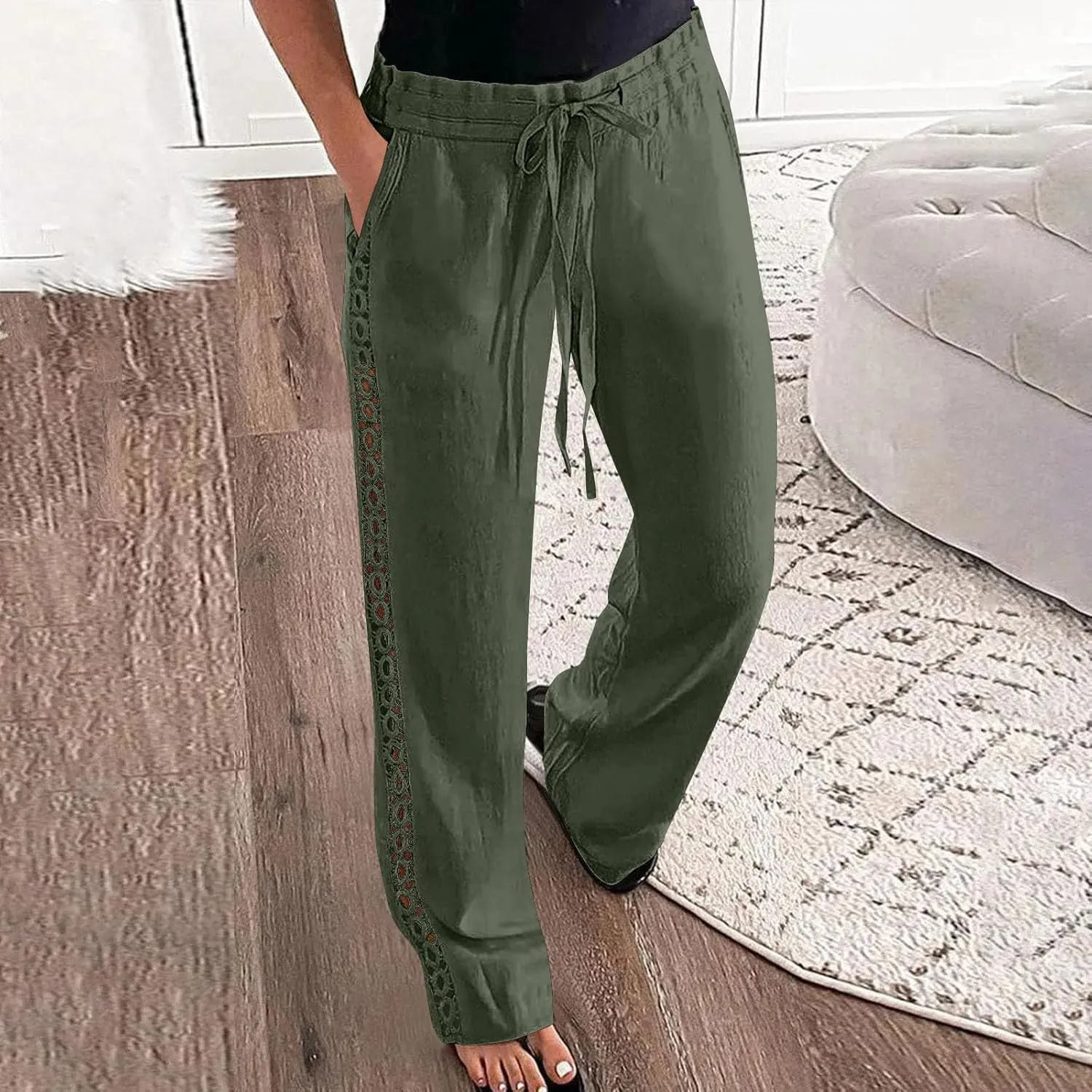 Womens Summer Linen Pants Beach Vacation Clothing Wide Leg High Waisted Drawstring Lace Cutout Linen Pants Trousers