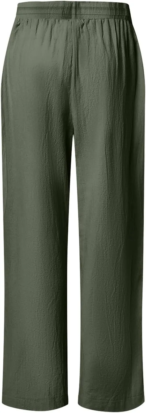 Womens Summer Linen Pants Beach Vacation Clothing Wide Leg High Waisted Drawstring Lace Cutout Linen Pants Trousers