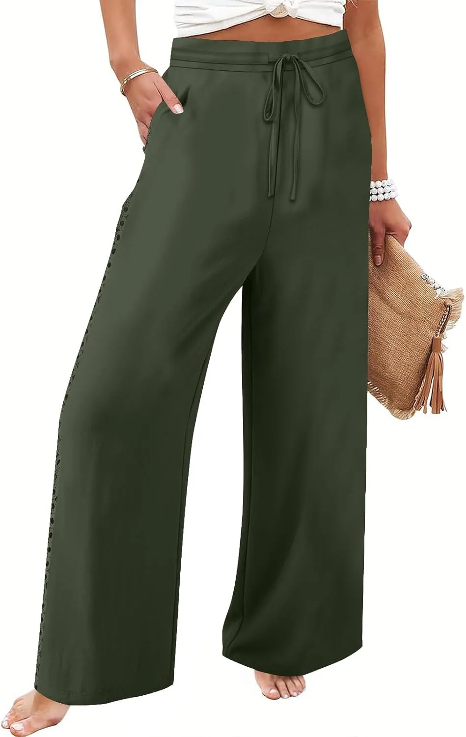 Womens Summer Linen Pants Beach Vacation Clothing Wide Leg High Waisted Drawstring Lace Cutout Linen Pants Trousers