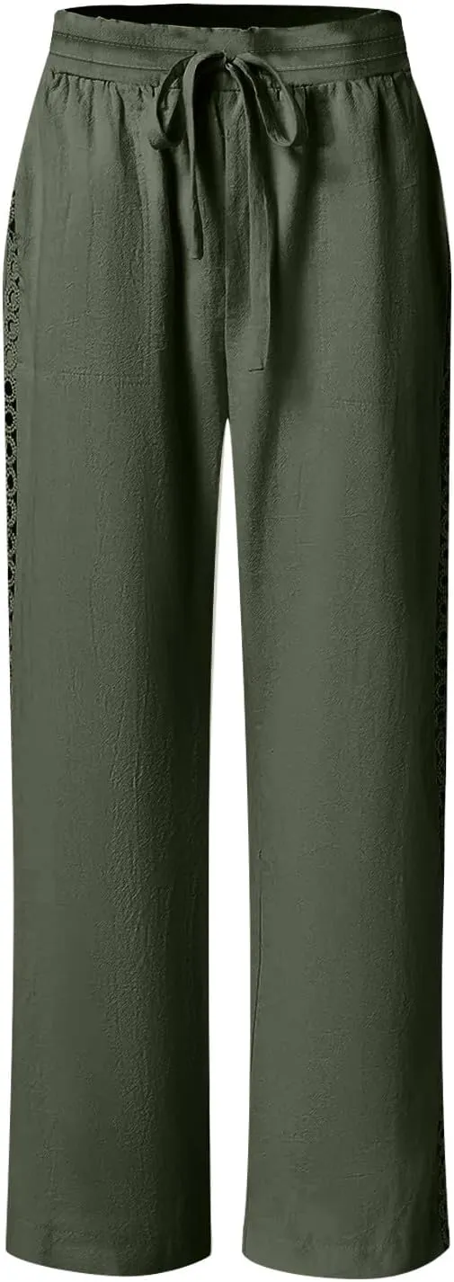 Womens Summer Linen Pants Beach Vacation Clothing Wide Leg High Waisted Drawstring Lace Cutout Linen Pants Trousers