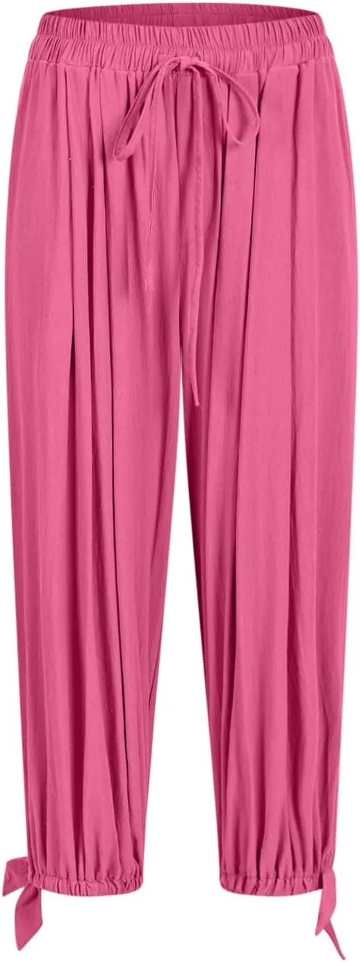 Womens Summer Linen Pants Harem Palazzo Trousers Casual Smocked Waist Flowy Slack Beach Trousers with Pocket