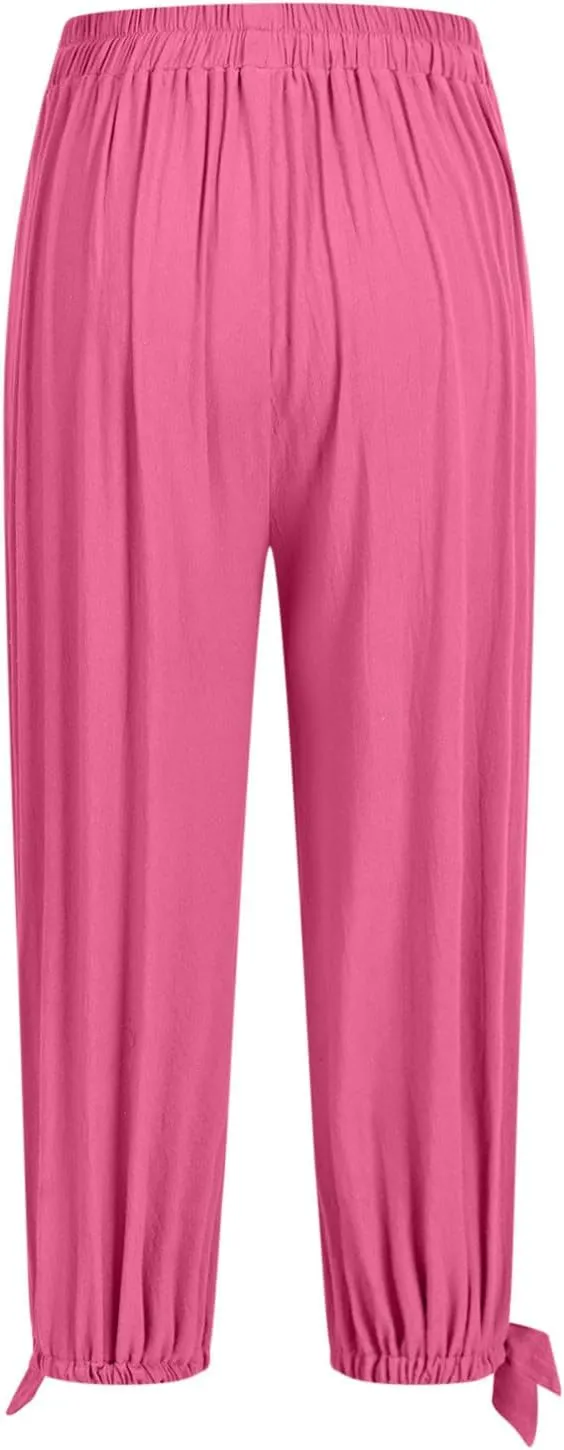 Womens Summer Linen Pants Harem Palazzo Trousers Casual Smocked Waist Flowy Slack Beach Trousers with Pocket