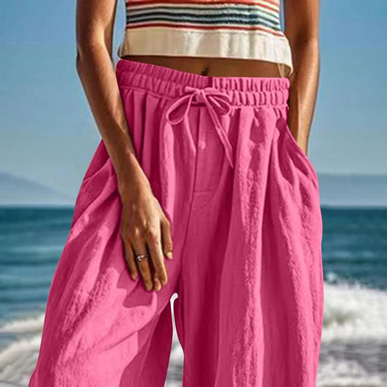 Womens Summer Linen Pants Harem Palazzo Trousers Casual Smocked Waist Flowy Slack Beach Trousers with Pocket