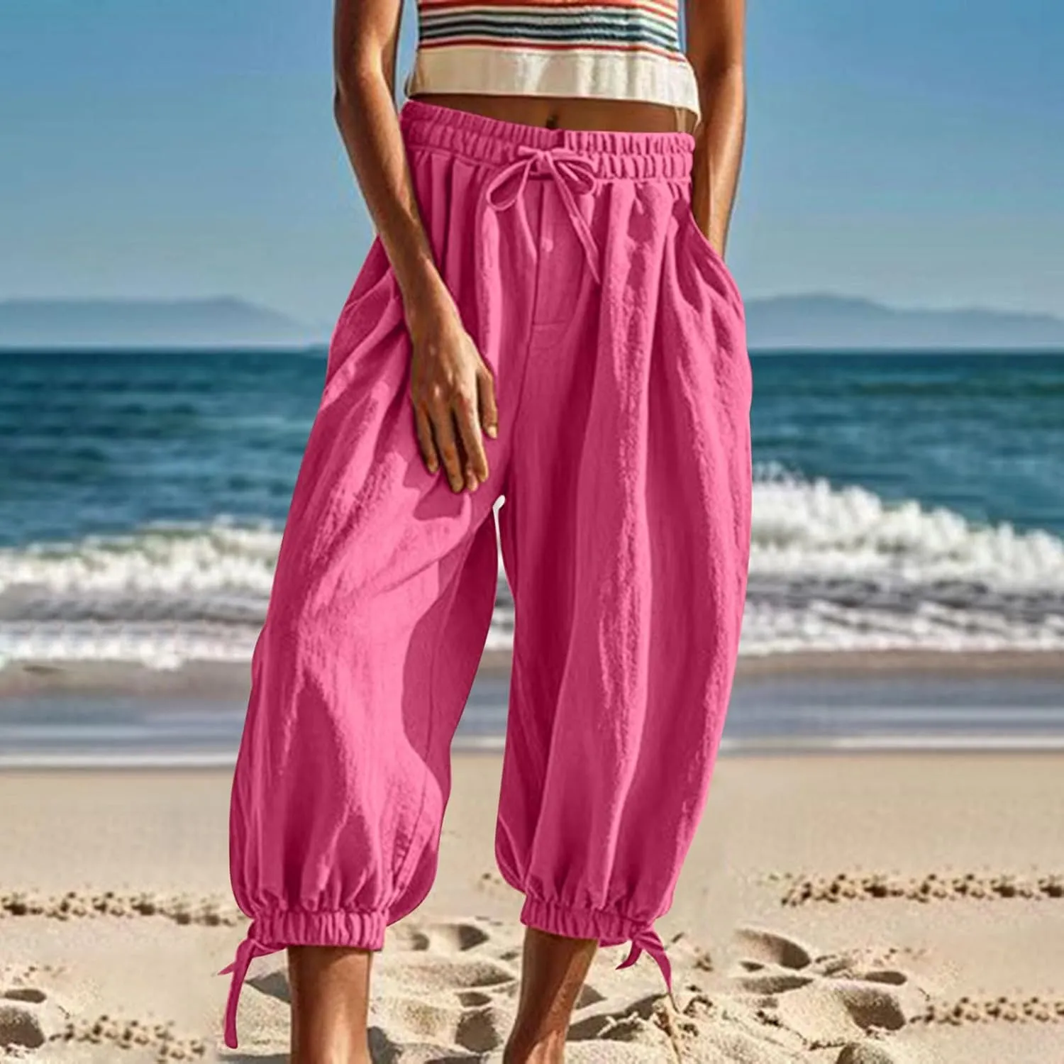 Womens Summer Linen Pants Harem Palazzo Trousers Casual Smocked Waist Flowy Slack Beach Trousers with Pocket