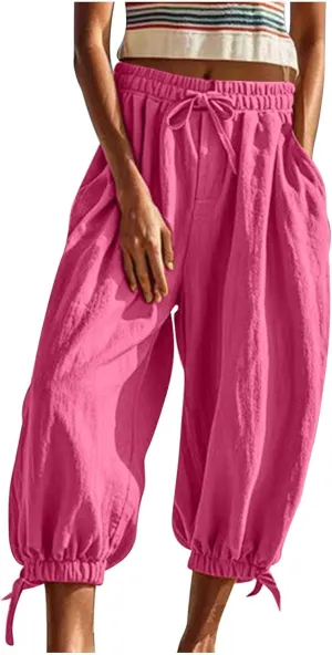 Womens Summer Linen Pants Harem Palazzo Trousers Casual Smocked Waist Flowy Slack Beach Trousers with Pocket