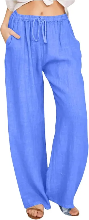 Women's Summer Linen Pants High Waisted Drawstring Wide Leg Palazzo Pants Loose Casual Lounge Trousers with Pockets