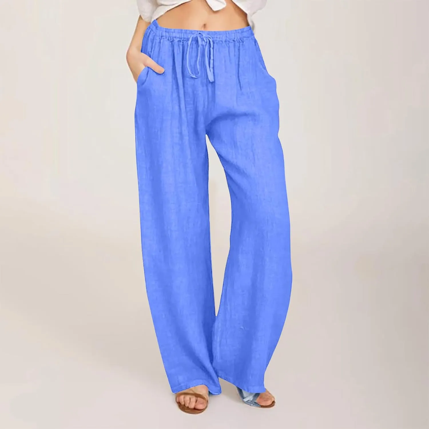 Women's Summer Linen Pants High Waisted Drawstring Wide Leg Palazzo Pants Loose Casual Lounge Trousers with Pockets