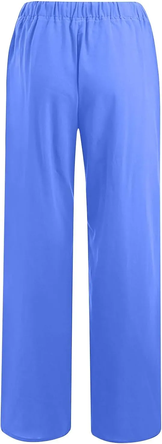 Women's Summer Linen Pants High Waisted Drawstring Wide Leg Palazzo Pants Loose Casual Lounge Trousers with Pockets