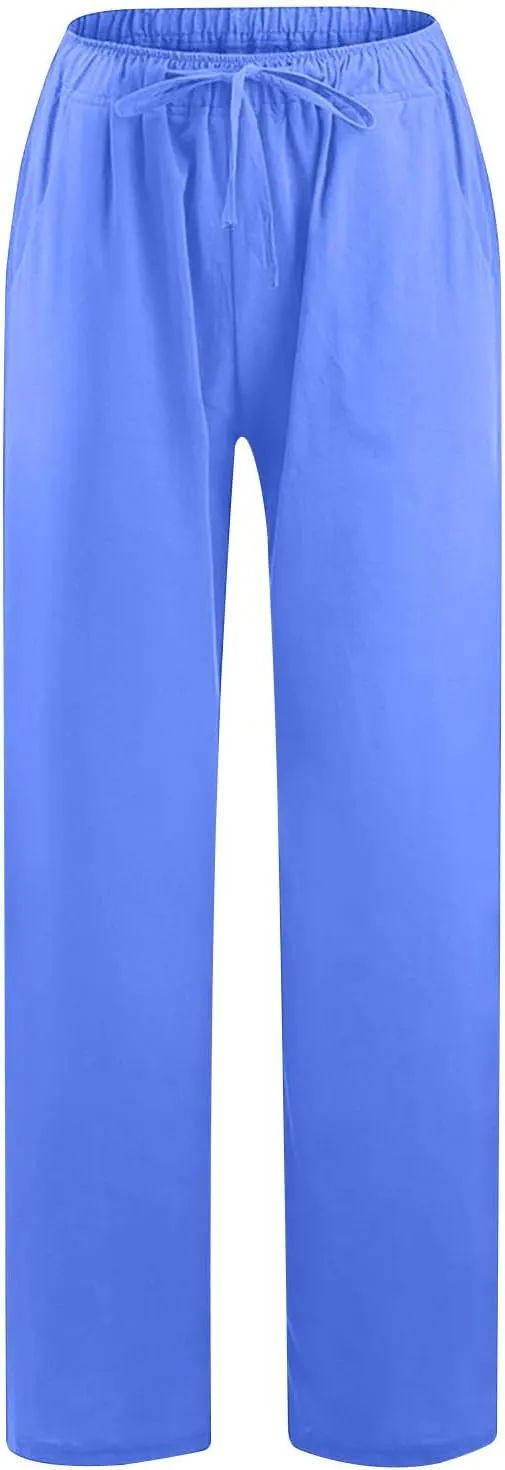Women's Summer Linen Pants High Waisted Drawstring Wide Leg Palazzo Pants Loose Casual Lounge Trousers with Pockets