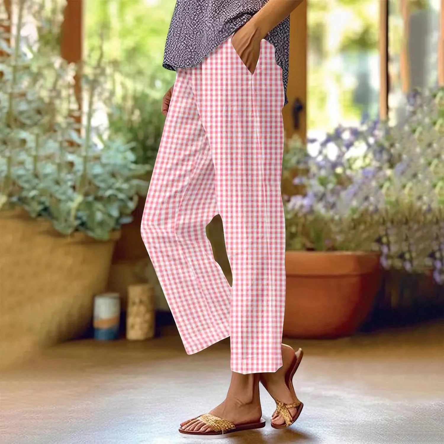 Womens Summer Pants Casual Cotton Linen Checkered Straight Leg Pants Loose Fit Work Business Long Trousers