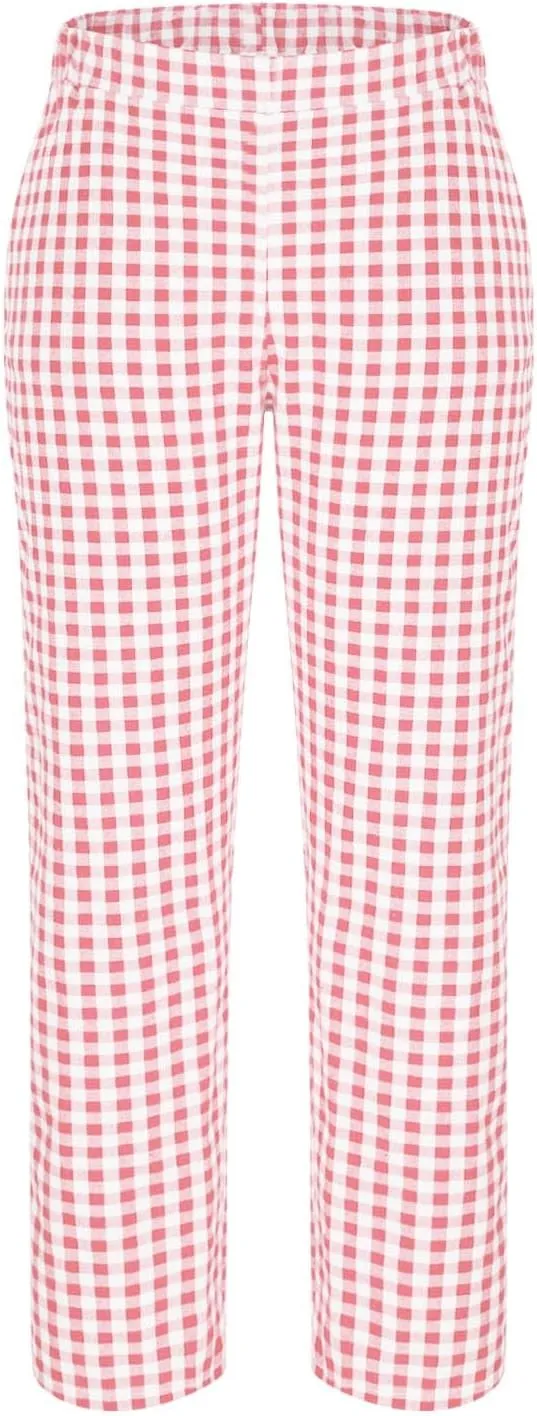 Womens Summer Pants Casual Cotton Linen Checkered Straight Leg Pants Loose Fit Work Business Long Trousers