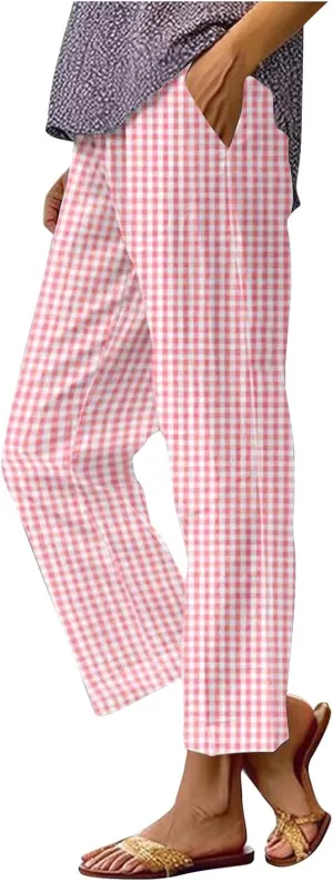 Womens Summer Pants Casual Cotton Linen Checkered Straight Leg Pants Loose Fit Work Business Long Trousers