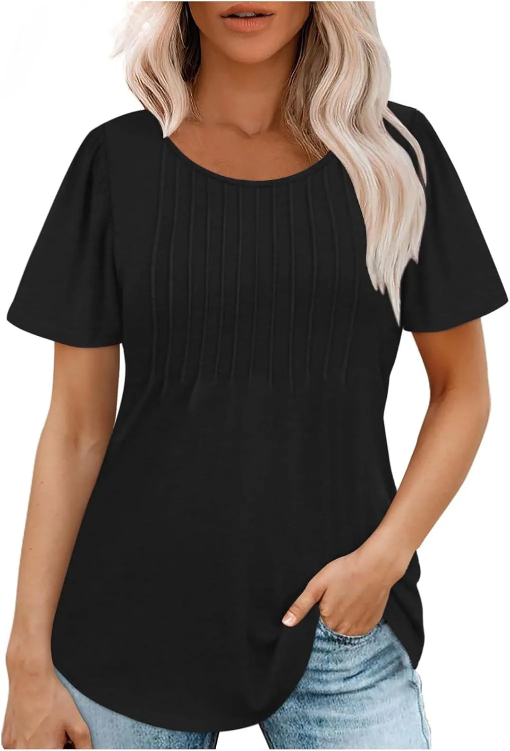 Womens Summer Short Sleeve Pleated Tops Crew Neck Puff Sleeve Blouses Tunic Tops 2024 Loose Fit Dressy Casual T Shirts