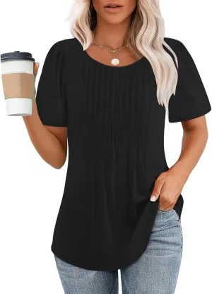 Womens Summer Short Sleeve Pleated Tops Crew Neck Puff Sleeve Blouses Tunic Tops 2024 Loose Fit Dressy Casual T Shirts