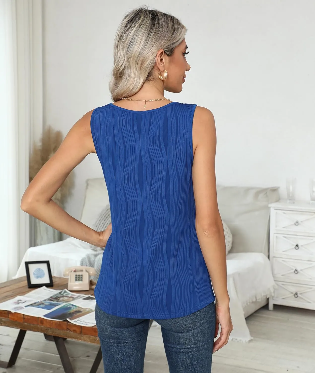 Womens Summer Tank Tops Sleeveless Slim Dressy Shirts Blouses Textured Scoop Neck for Business Casual Work