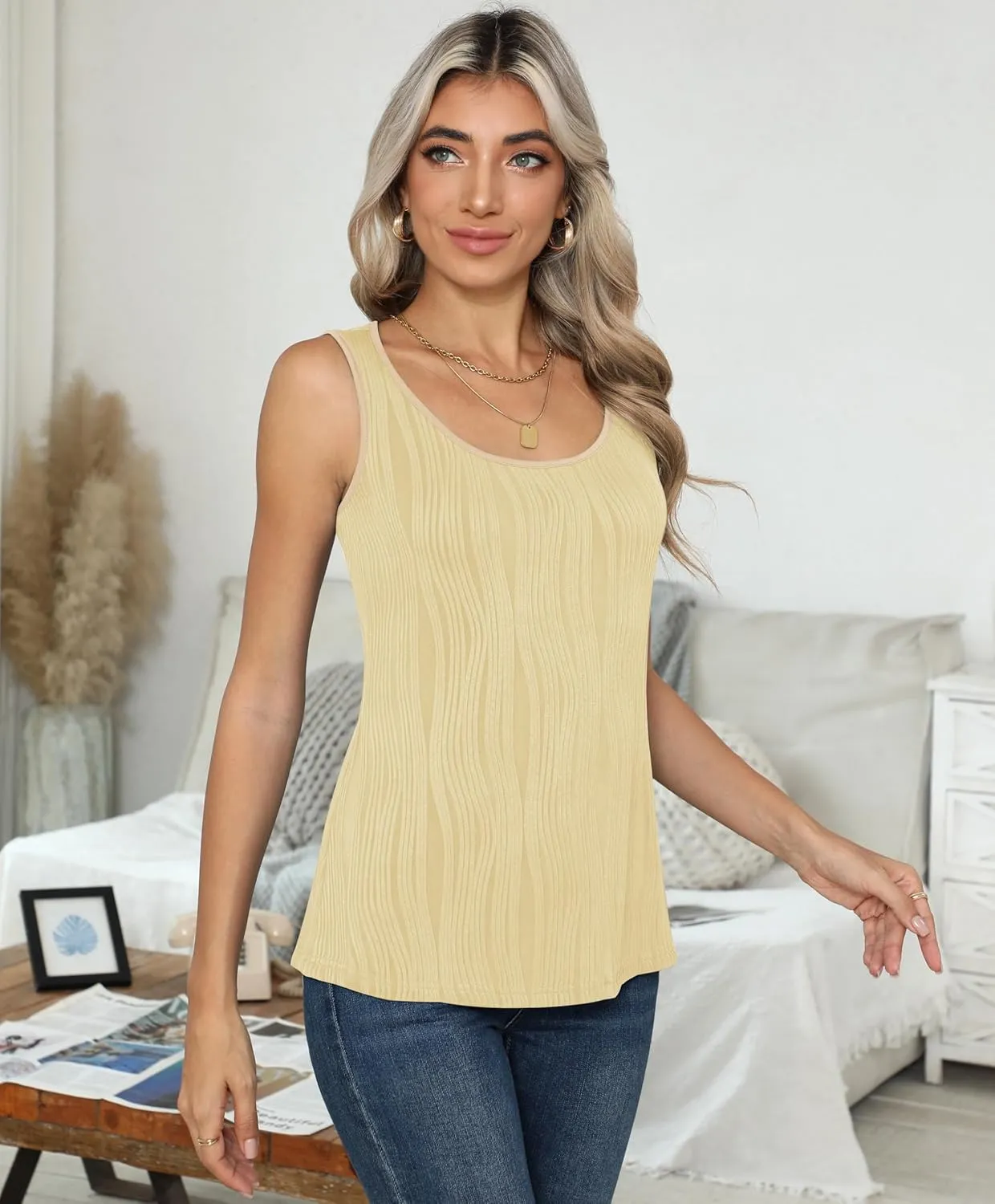 Womens Summer Tank Tops Sleeveless Slim Dressy Shirts Blouses Textured Scoop Neck for Business Casual Work