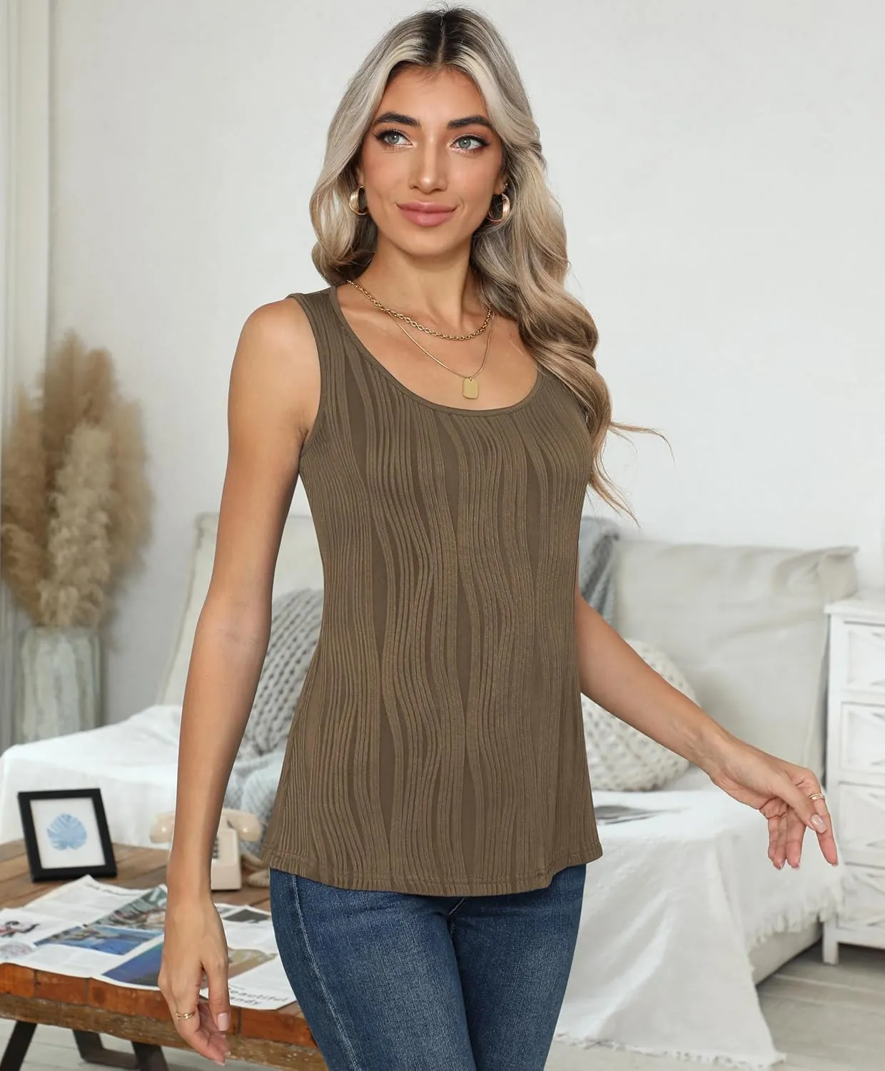 Womens Summer Tank Tops Sleeveless Slim Dressy Shirts Blouses Textured Scoop Neck for Business Casual Work