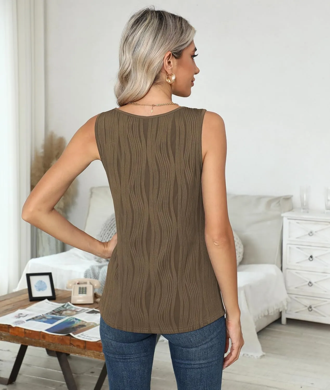 Womens Summer Tank Tops Sleeveless Slim Dressy Shirts Blouses Textured Scoop Neck for Business Casual Work