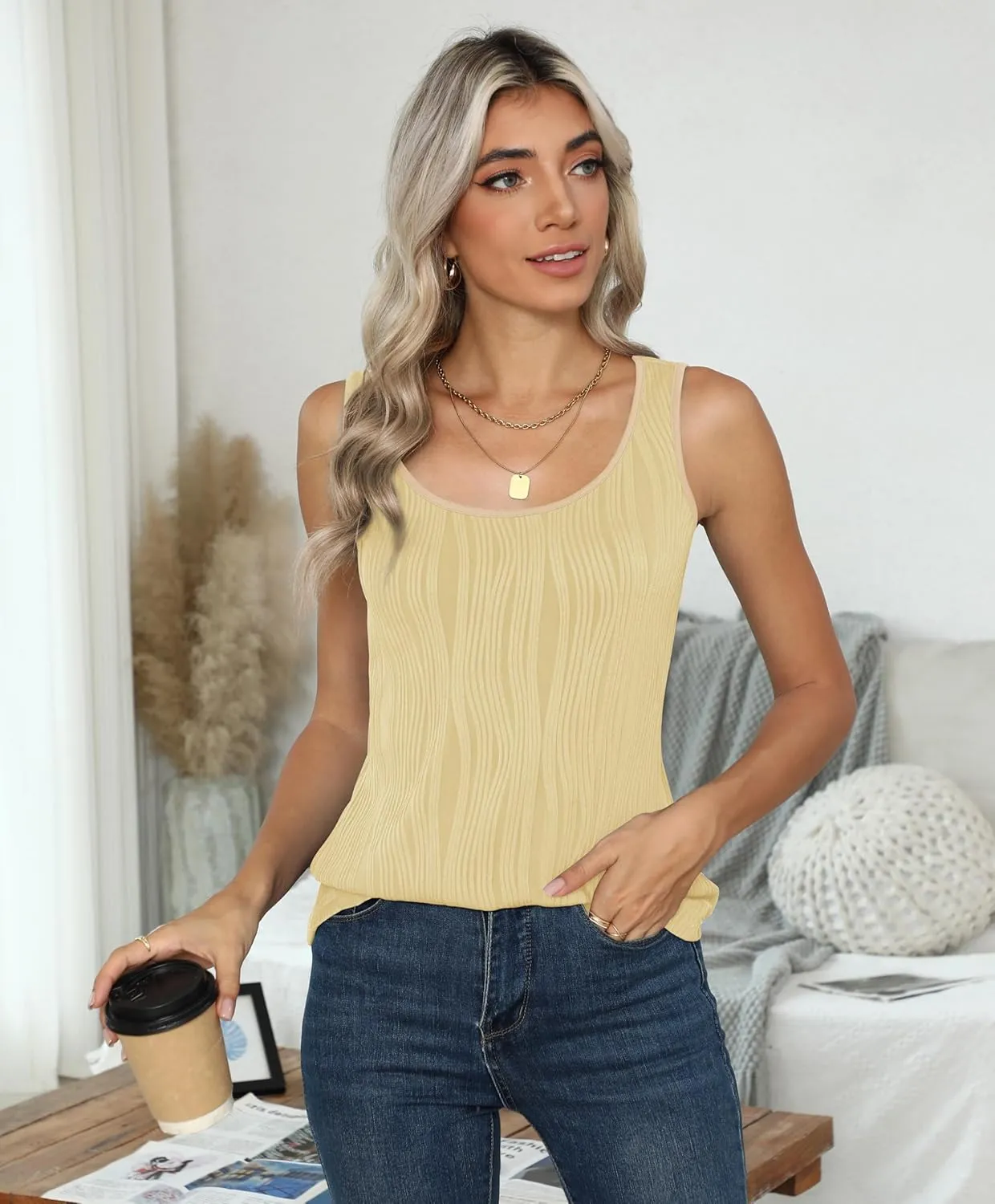 Womens Summer Tank Tops Sleeveless Slim Dressy Shirts Blouses Textured Scoop Neck for Business Casual Work