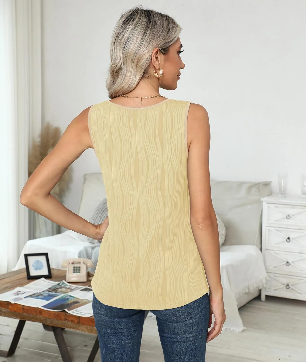 Womens Summer Tank Tops Sleeveless Slim Dressy Shirts Blouses Textured Scoop Neck for Business Casual Work
