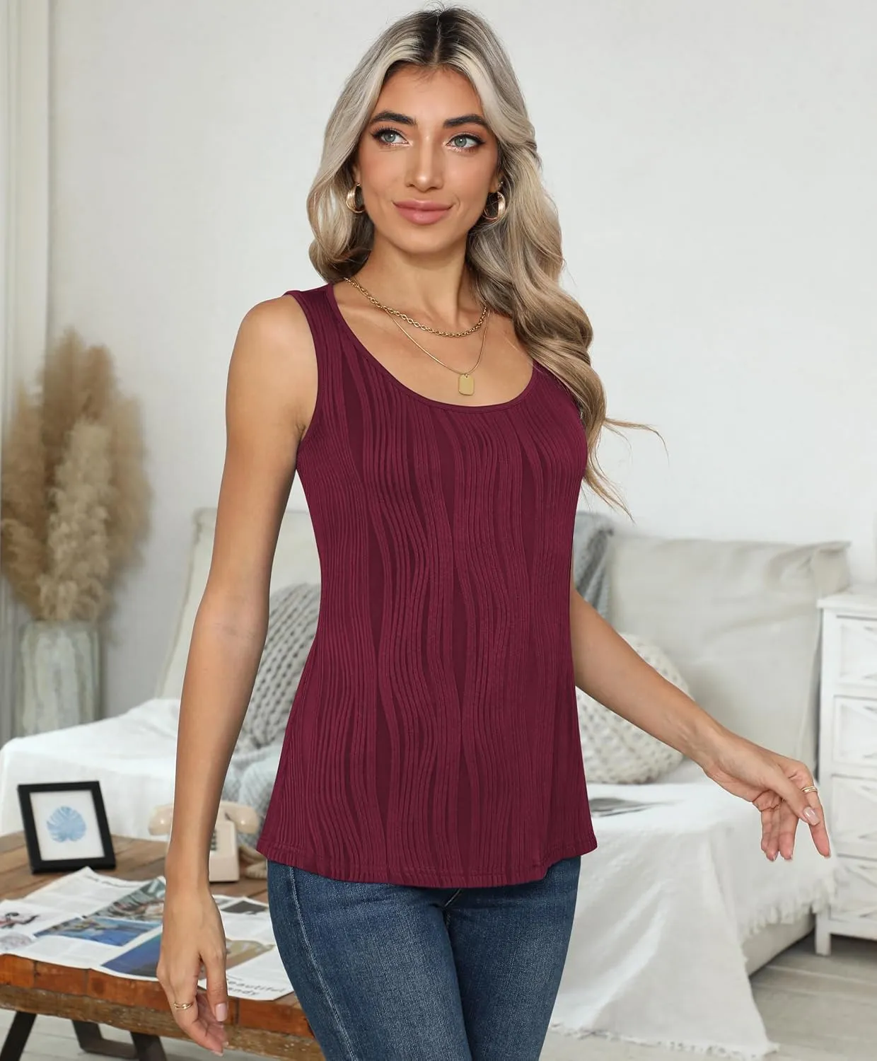 Womens Summer Tank Tops Sleeveless Slim Dressy Shirts Blouses Textured Scoop Neck for Business Casual Work