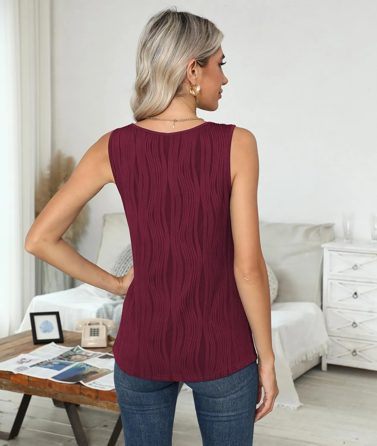 Womens Summer Tank Tops Sleeveless Slim Dressy Shirts Blouses Textured Scoop Neck for Business Casual Work