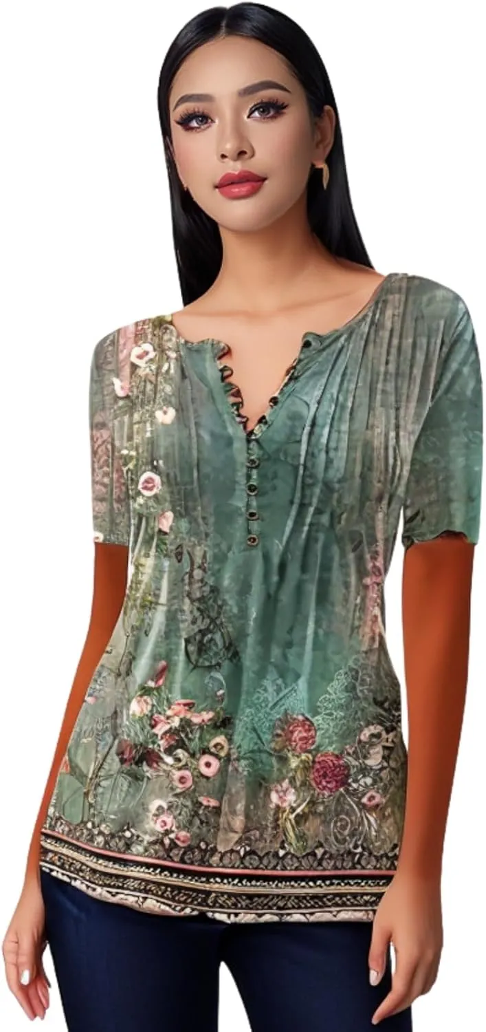 Womens Summer Tops Dressy Casual Short Sleeve Button V Neck T Shirts Trendy Boho Floral Tunic Blouses Cute Flowy Tees