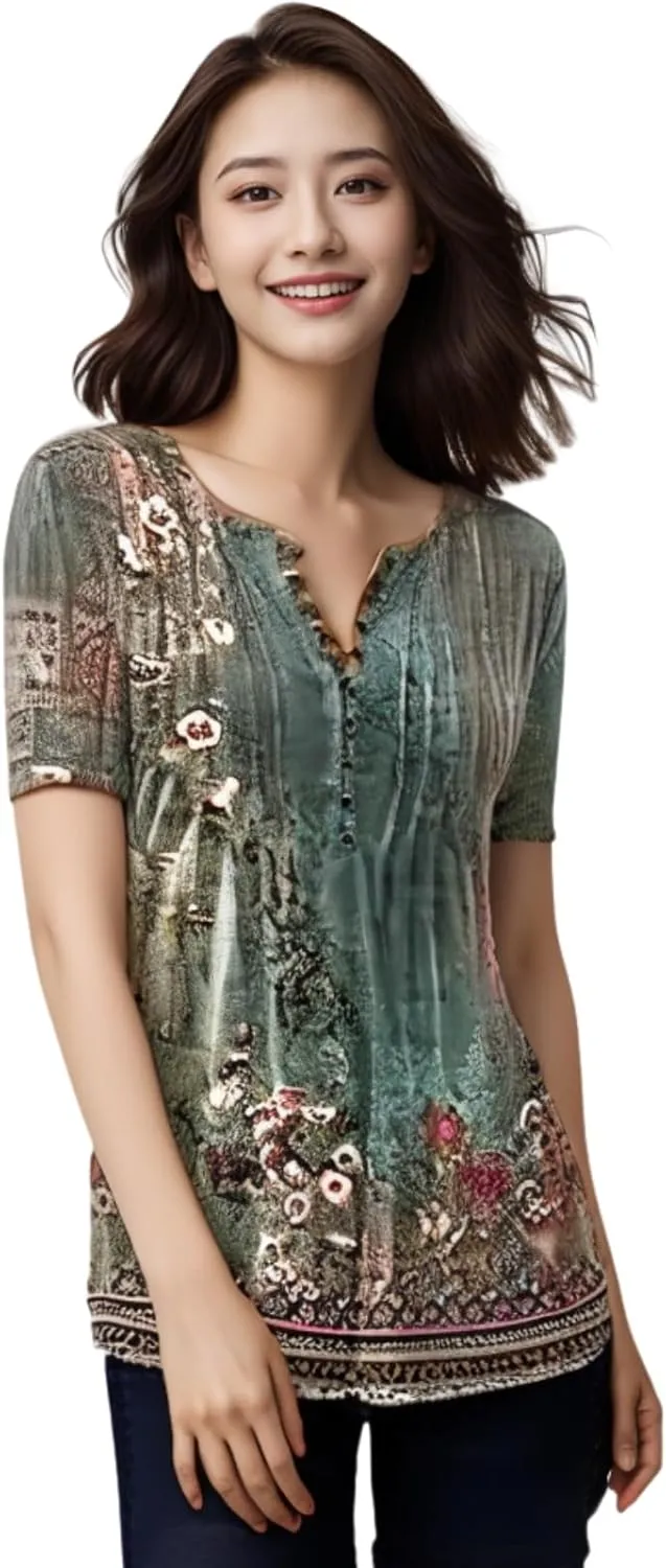 Womens Summer Tops Dressy Casual Short Sleeve Button V Neck T Shirts Trendy Boho Floral Tunic Blouses Cute Flowy Tees