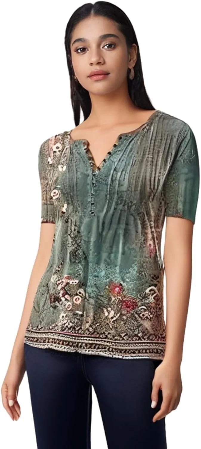 Womens Summer Tops Dressy Casual Short Sleeve Button V Neck T Shirts Trendy Boho Floral Tunic Blouses Cute Flowy Tees