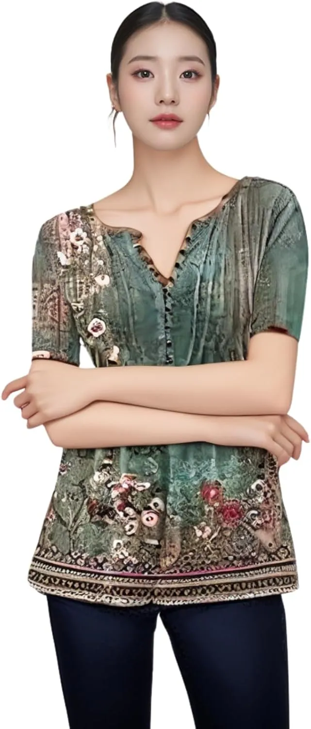 Womens Summer Tops Dressy Casual Short Sleeve Button V Neck T Shirts Trendy Boho Floral Tunic Blouses Cute Flowy Tees