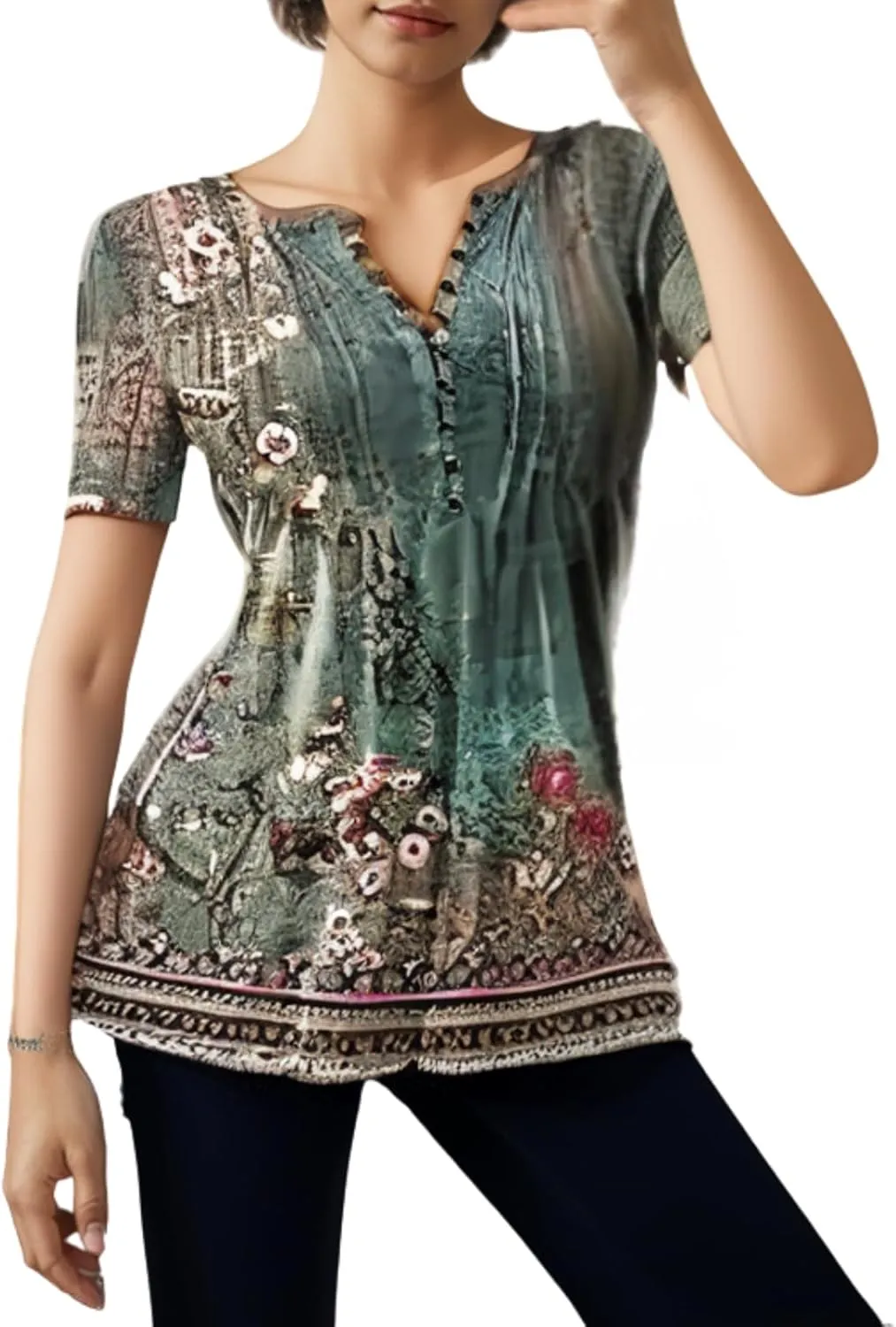 Womens Summer Tops Dressy Casual Short Sleeve Button V Neck T Shirts Trendy Boho Floral Tunic Blouses Cute Flowy Tees