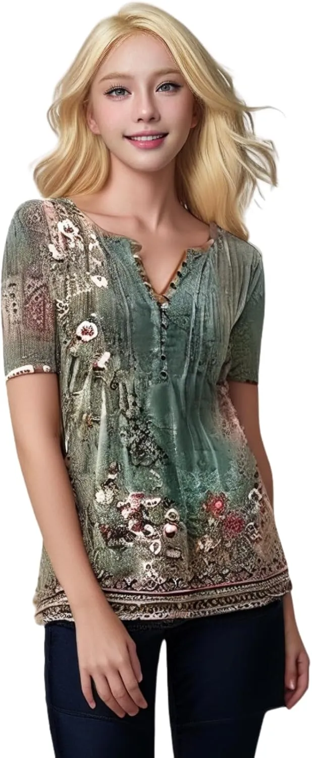 Womens Summer Tops Dressy Casual Short Sleeve Button V Neck T Shirts Trendy Boho Floral Tunic Blouses Cute Flowy Tees