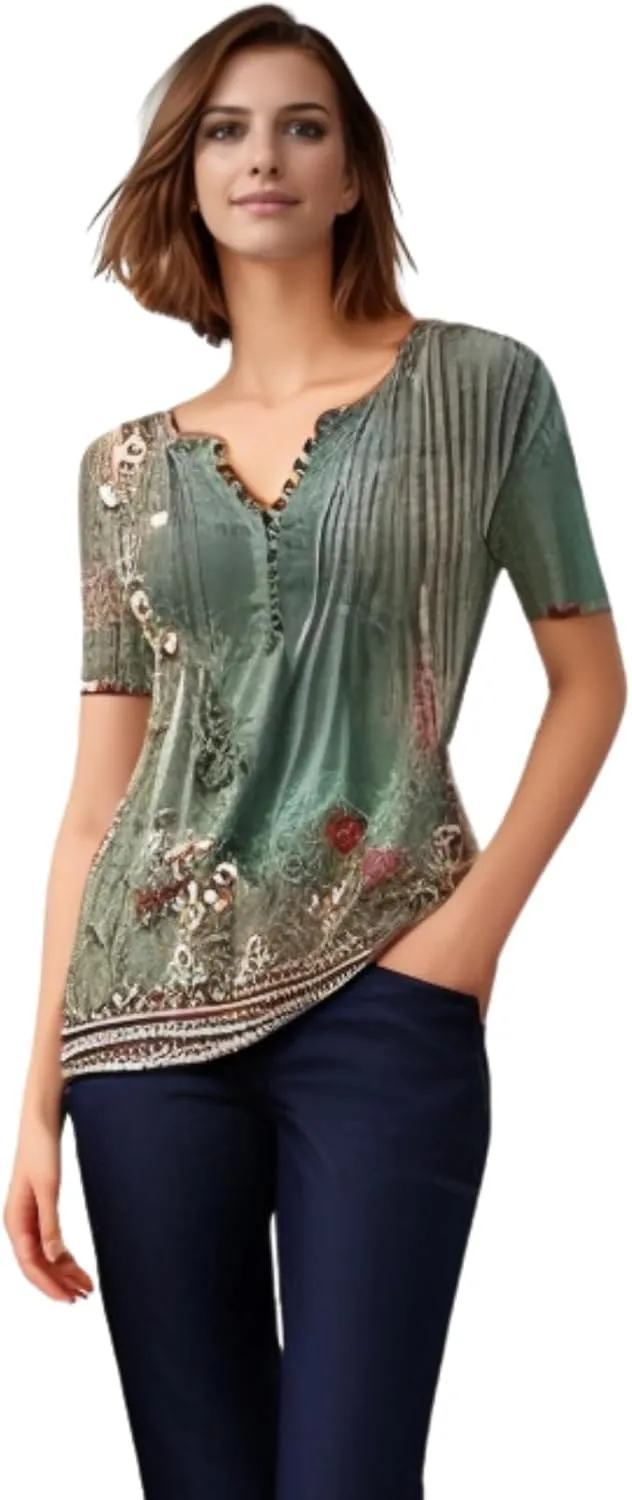 Womens Summer Tops Dressy Casual Short Sleeve Button V Neck T Shirts Trendy Boho Floral Tunic Blouses Cute Flowy Tees