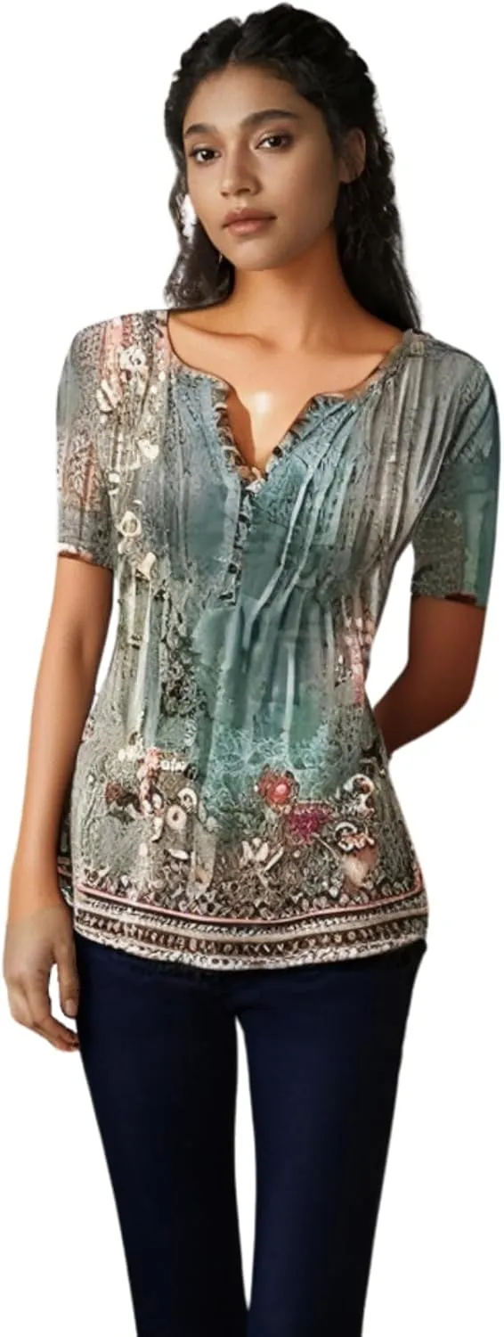 Womens Summer Tops Dressy Casual Short Sleeve Button V Neck T Shirts Trendy Boho Floral Tunic Blouses Cute Flowy Tees