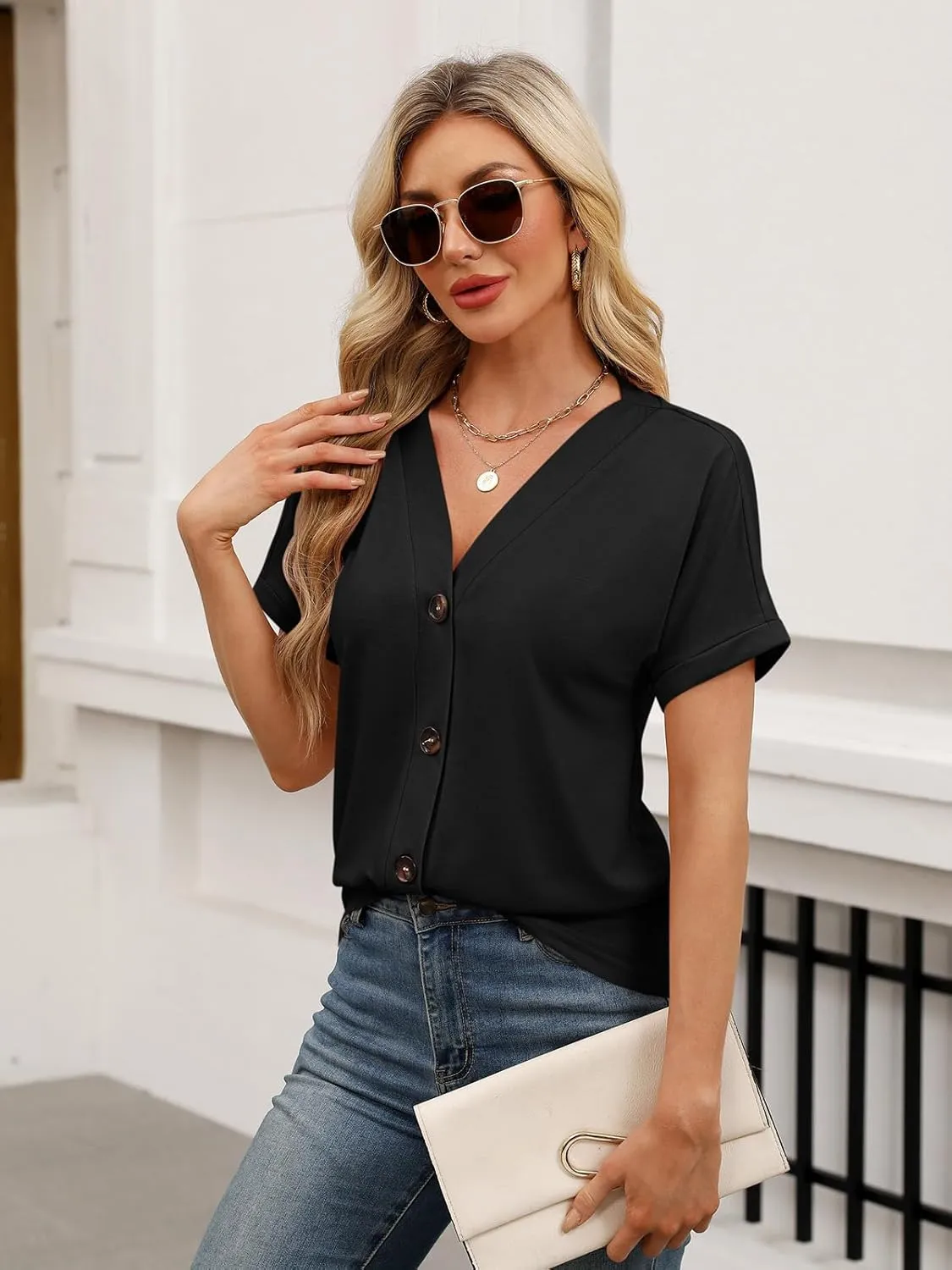 Womens Summer Tops Short Sleeve Button Down Shirts Casual V Neck T Shirts Trendy Tunic Tops