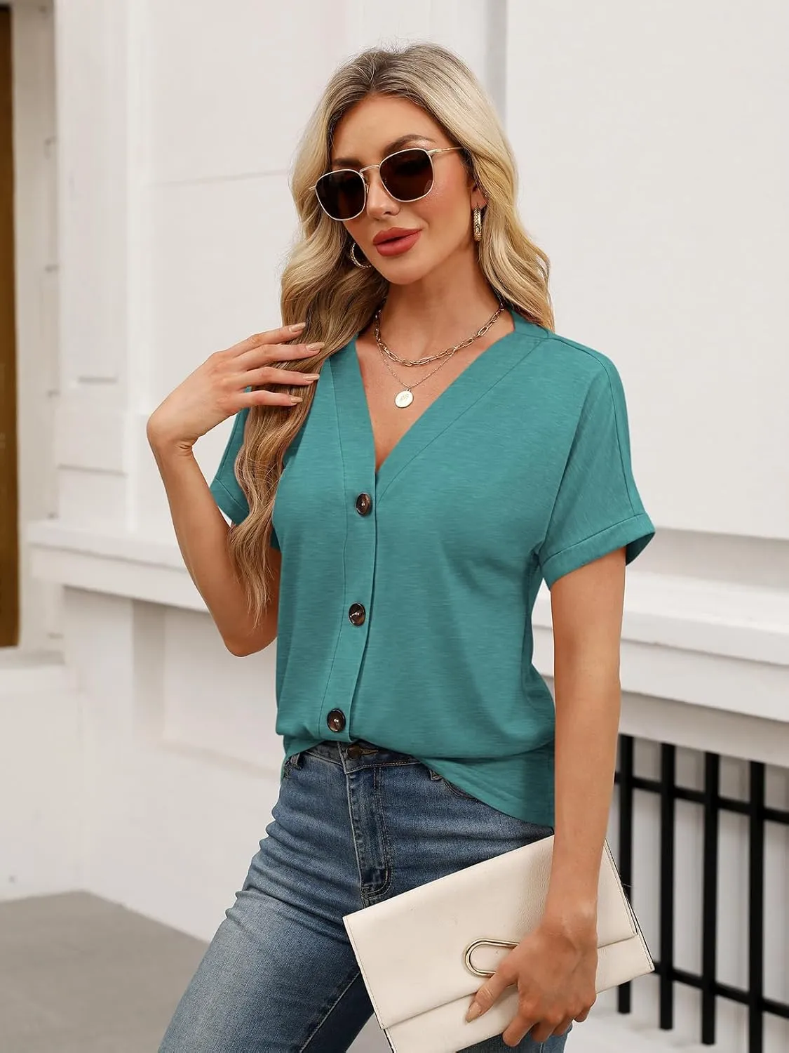 Womens Summer Tops Short Sleeve Button Down Shirts Casual V Neck T Shirts Trendy Tunic Tops