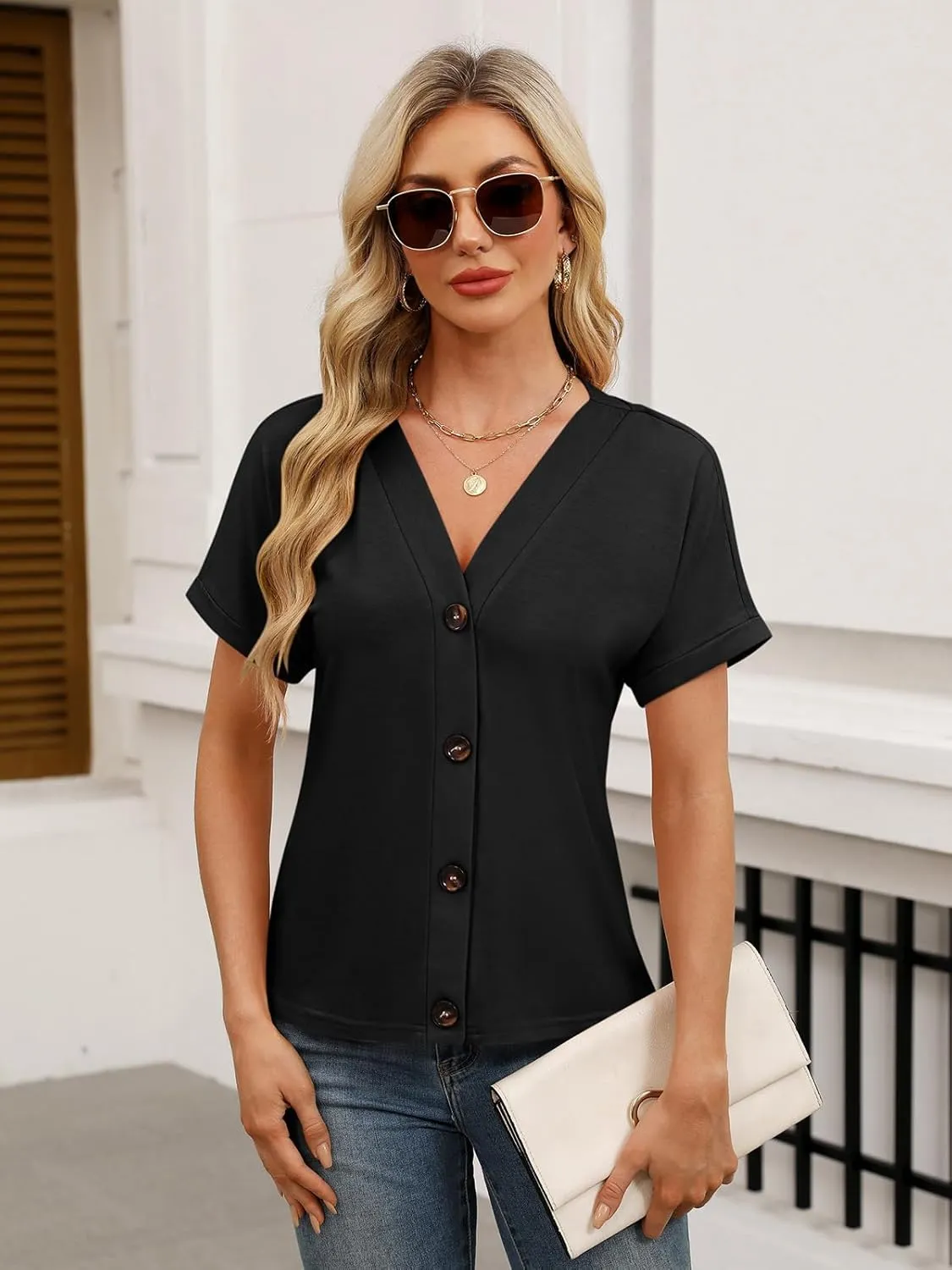 Womens Summer Tops Short Sleeve Button Down Shirts Casual V Neck T Shirts Trendy Tunic Tops