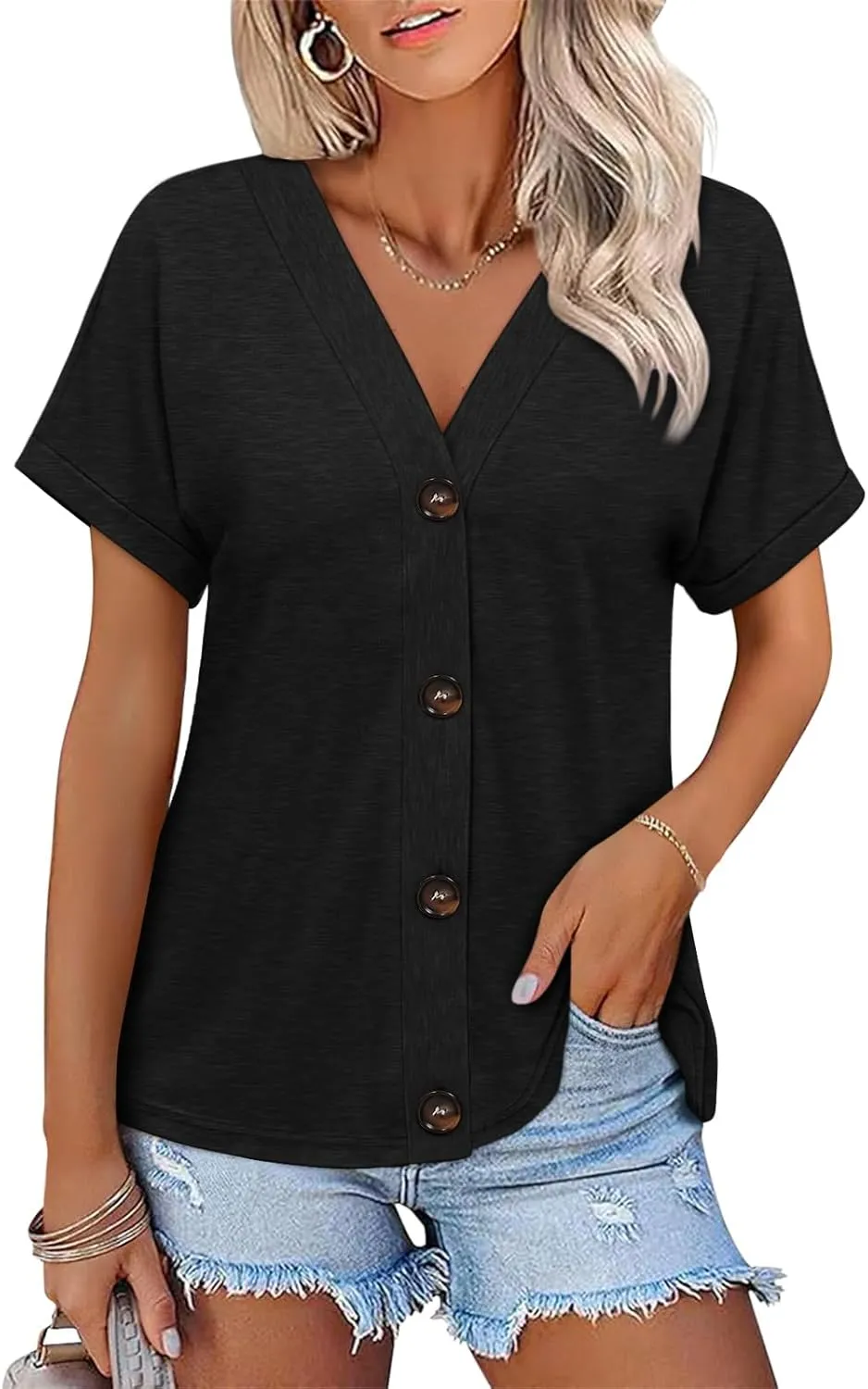 Womens Summer Tops Short Sleeve Button Down Shirts Casual V Neck T Shirts Trendy Tunic Tops