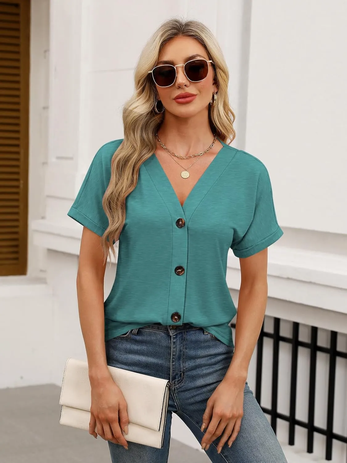 Womens Summer Tops Short Sleeve Button Down Shirts Casual V Neck T Shirts Trendy Tunic Tops