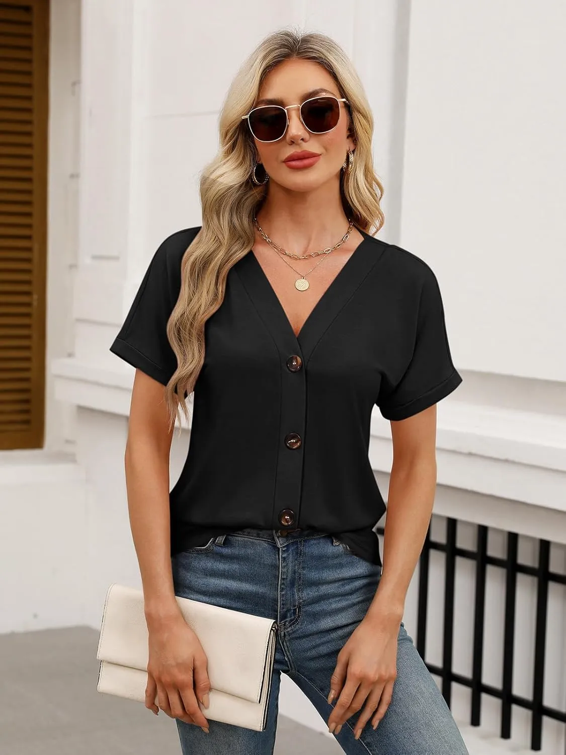 Womens Summer Tops Short Sleeve Button Down Shirts Casual V Neck T Shirts Trendy Tunic Tops